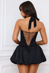 Ludmila-Halterneck Lace-Up Bubble Hem Corset Micro Mini Dress in Black