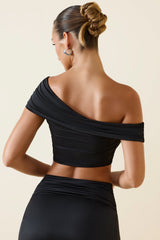 Inga-Asymmetric Ruched Off-Shoulder Crop Top in Black