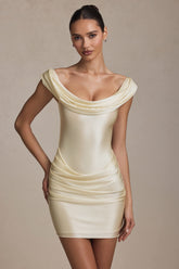 Maeve-Off-Shoulder Draped Mini Dress in Ivory