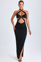 Bethania-Hardware Detail Cut-Out Halterneck Maxi Dress in Black