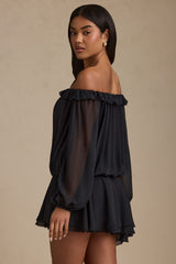 Solana-Off-Shoulder Asymmetric Balloon-Sleeve Mini Dress in Black
