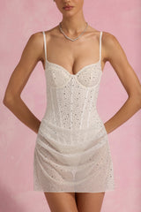 Connie-Semi-Sheer Embellished Draped Corset Mini Dress in White
