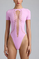 Raine-Lace-Up Bodysuit in Violet Pink