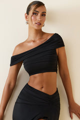 Inga-Asymmetric Ruched Off-Shoulder Crop Top in Black