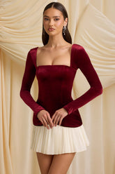 Darline-Layered Pleated Corset Mini Dress in Wine Red