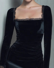 Black Velour Square Neck Mini Dress