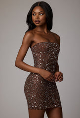 Caprice-Sheer Embellished Bodycon Mini Dress in Deep Cocoa