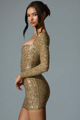 Sephina-Embellished Sweetheart-Neck Mini Dress in Gold