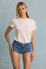 Lanori-Low-Rise Hot Pant Shorts in Mid-Blue