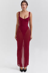 Wine Stretch Mesh Maxi Dress