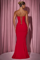 Marceline-Lace-Up Corset Fishtail Maxi Dress in Red