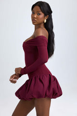 Serra-Modal Off-Shoulder Bubble Hem Mini Dress in Wine Red