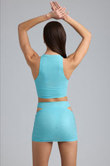 Malika-Metallic Cut-Out Low-Rise Mini Skirt in Ice Blue