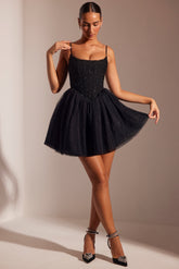 Eugenie-Embellished Corset Tulle Skirt Mini Dress in Black