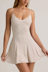 Mansi-Modal Ribbed Tie-Back A-Line Mini Dress in Pink Yellow Stripe