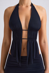 Larisa-Cut-Out Ruched Halterneck Crop Top in Black