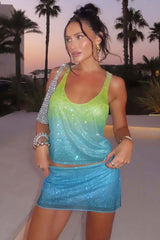 Asta-Embellished A-Line Mini Skirt in Blue Yellow Ombré