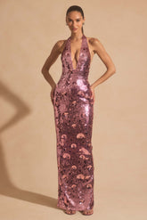 Nolira-Sequin-Embellished Halterneck Maxi Dress in Pink