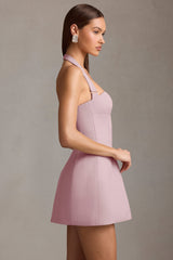 Odessa-Pinstripe Halterneck Structured A-Line Mini Dress in Mauve