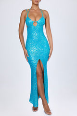 Joella-Embellished Cut-Out Halterneck Maxi Dress in Turquoise
