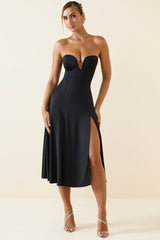 Joely-Slinky Jersey Strapless A-Line Midaxi Dress in Black
