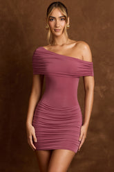Jinnie-Off-Shoulder Draped Mini Dress in Rose Brown