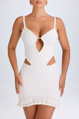 Jovelyn-Ruffle-Appliqué Cut-Out Mini Dress in White