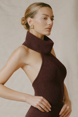 Sakari-Ribbed-Knit Turtleneck Backless Top in Espresso