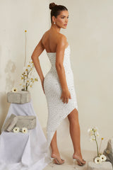 Vivica-Hand Embellished Asymmetric Midi Dress in White