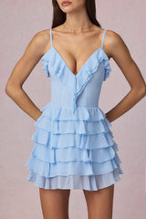 Lolina-Ruffled Lace-Up A-Line Mini Dress in Powder Blue