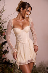Ninette-Long Sleeve Lace Corset Mini Dress in Ivory