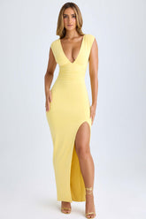 Sloane-High Split Plunge Neck Maxi Dress in Lemon Sherbet