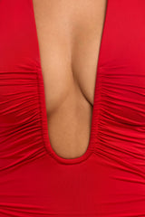 Sofija-Slinky Jersey Plunge Neck Ruched Mini Dress in Scarlet Red
