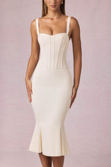 Valentina-Layered Bra-Detail Fishtail Midaxi Dress in Ivory