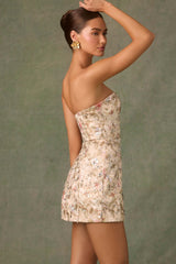 Dahlia-Embellished Strapless A-Line Mini Dress in Floral Beige