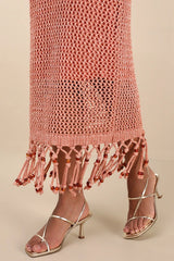 Marama Shiny Coral Crochet Sleeveless Fringe Midi Dress
