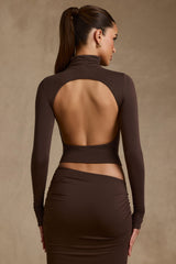 Auri-Modal Ruched Backless Turtleneck Top in Chocolate Brown