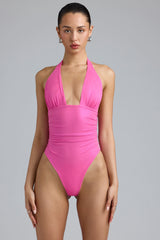 Zoey-Metallic Halterneck Bodysuit in Bubblegum Pink