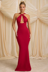 Xanthia-Pearl-Detail Halterneck Maxi Dress in True Red