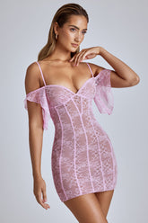 Eleonora-Sheer Lace A-Line Mini Dress in Baby Pink