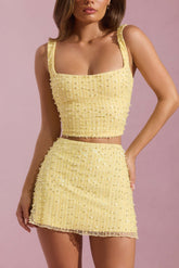 Jianna-Embellished Low-Rise Mini Skirt in Yellow