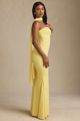 Imogene-Scarf-Detail Strapless Gown in Pastel Yellow