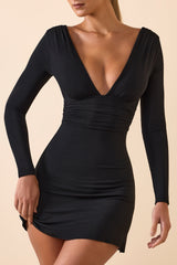 Jessa-Modal Ruched Plunge A-Line Mini Dress in Black