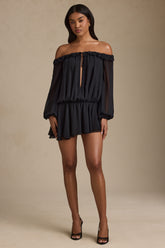 Solana-Off-Shoulder Asymmetric Balloon-Sleeve Mini Dress in Black