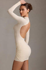 Isolde-Ruched Backless Turtleneck Mini Dress in Ivory