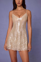 Agentha-Embellished V-neck Lace Mini Dress in Pale Peach