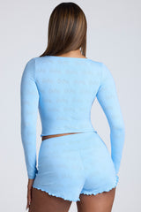 Loungewear-Long Sleeve Scoop Neck Pointelle Crop Top in Baby Blue