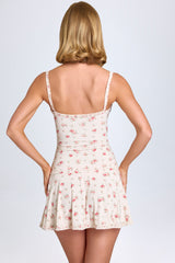 Evabeth-Lace-Trim Ruched Mini Dress in Small Rose Print