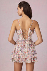 Lolina-Ruffled Lace-Up A-Line Mini Dress in Primrose Floral Print