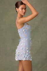 Posy-Embellished Corset Mini Dress in Sky Blue
